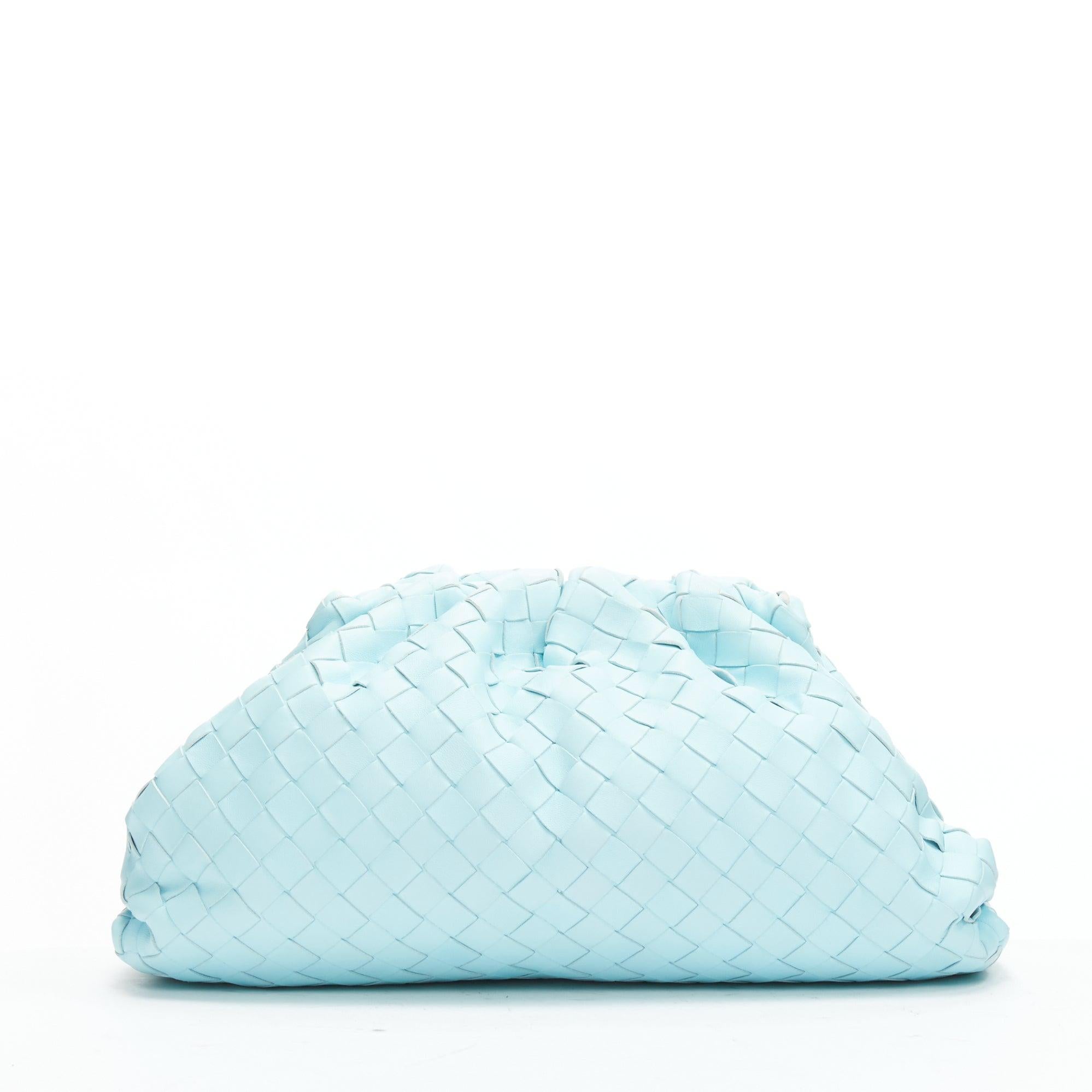 Women's BOTTEGA VENETA The Pouch sky blue Intercciato woven leather magnetic clutch bag For Sale