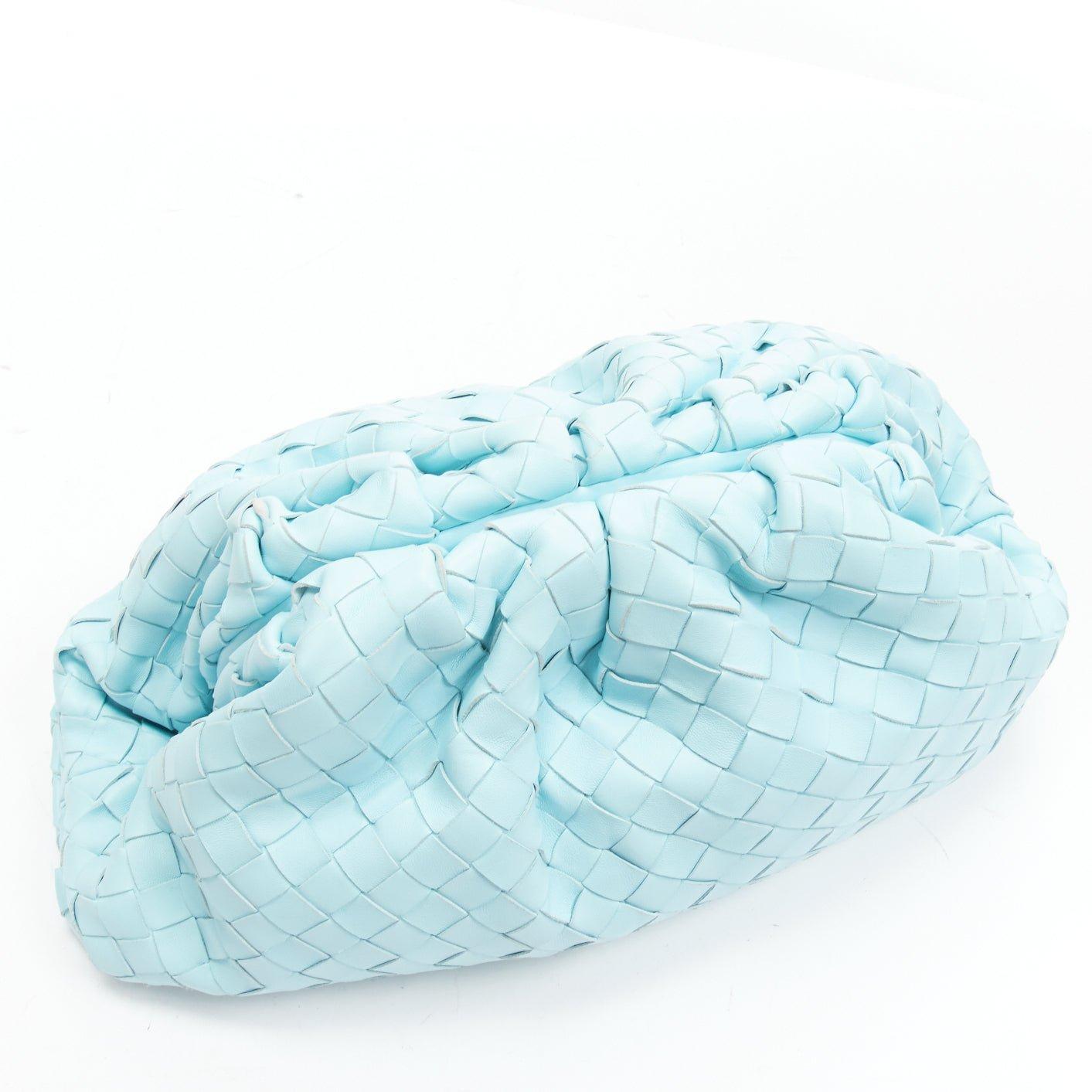 BOTTEGA VENETA The Pouch sky blue Intercciato woven leather magnetic clutch bag For Sale 2