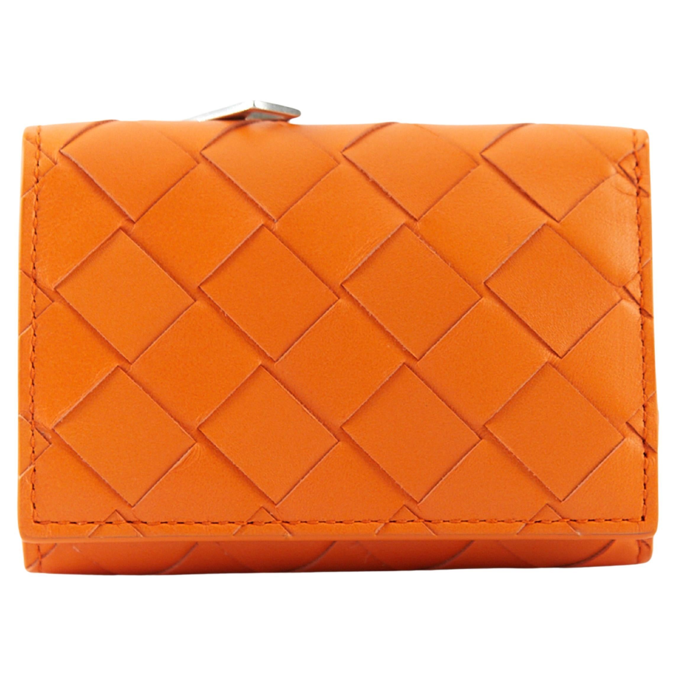 BOTTEGA VENETA Tiny Intrecciato Tri-Fold Zip Wallet in Orange For Sale