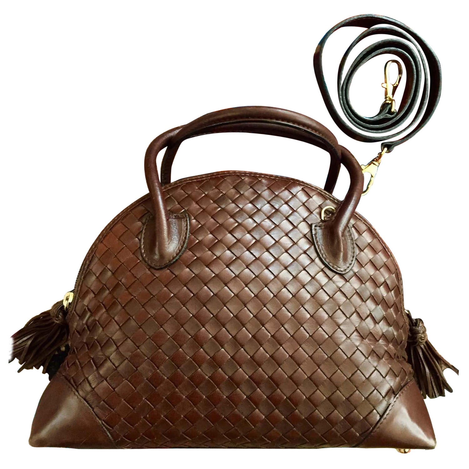 Bottega Veneta Sac à main Bowling à poignée supérieure Cuir Intrecciato brun chocolat foncé en vente