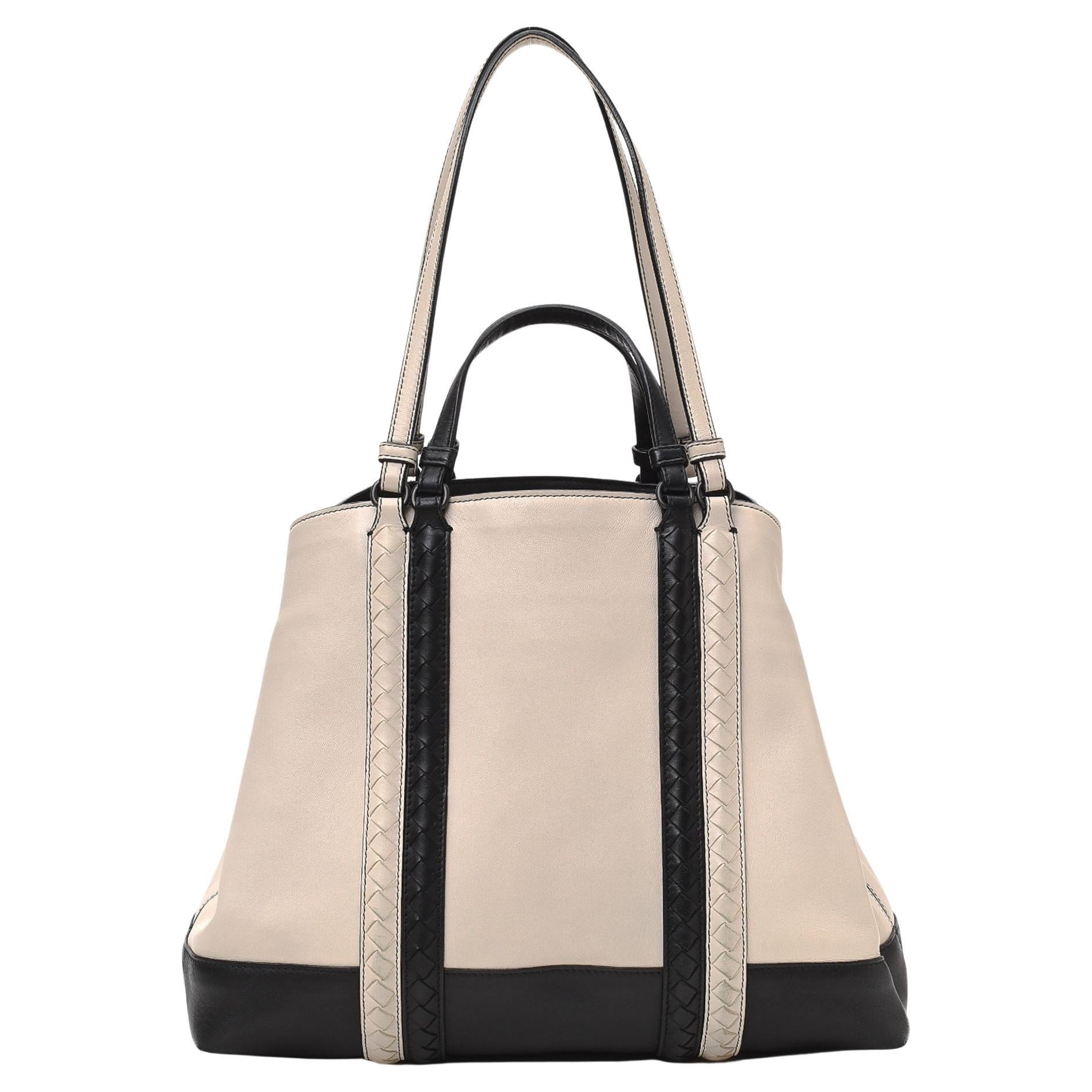 Bottega Black/Cream Leather And Woven Canvas Slip Tote For Sale
