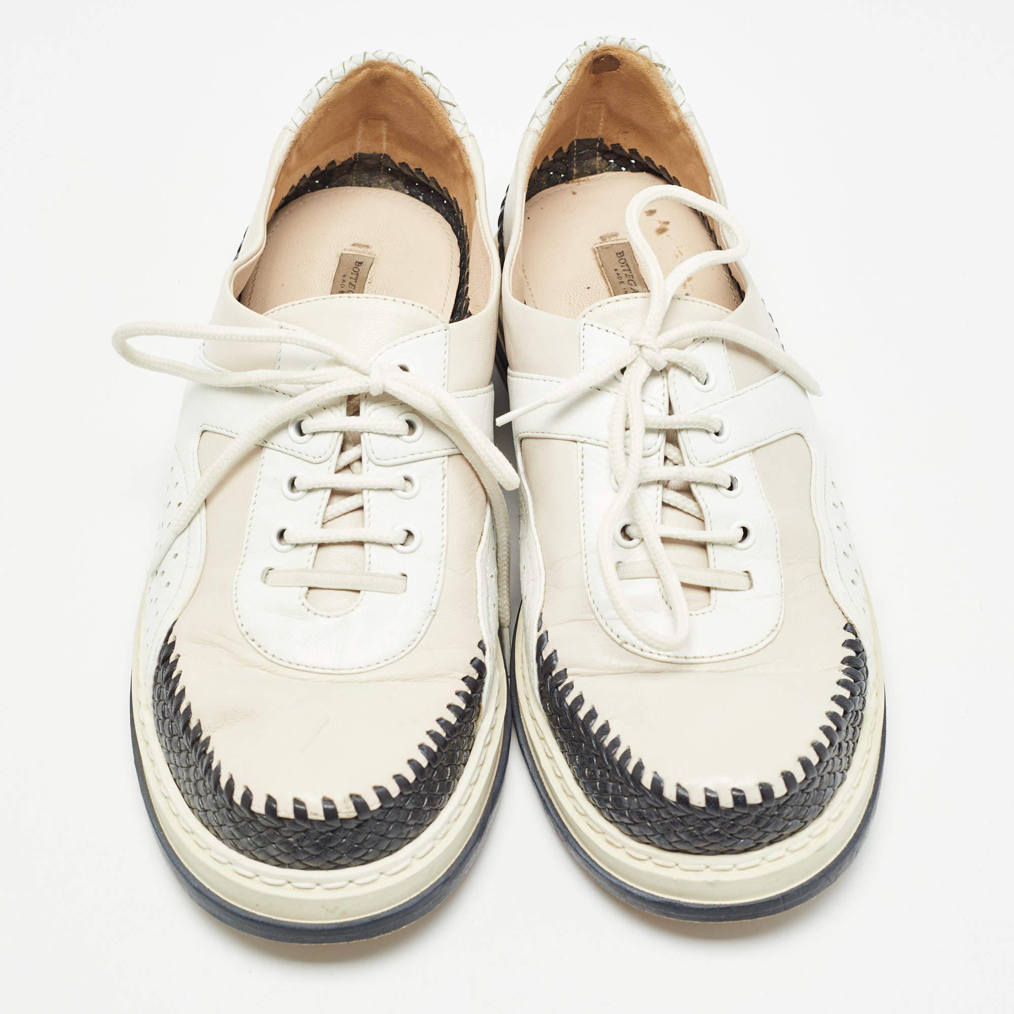 Beige Bottega Veneta Tricolor Woven Leather and Leather Lace UpSneakers Taglia 37 in vendita