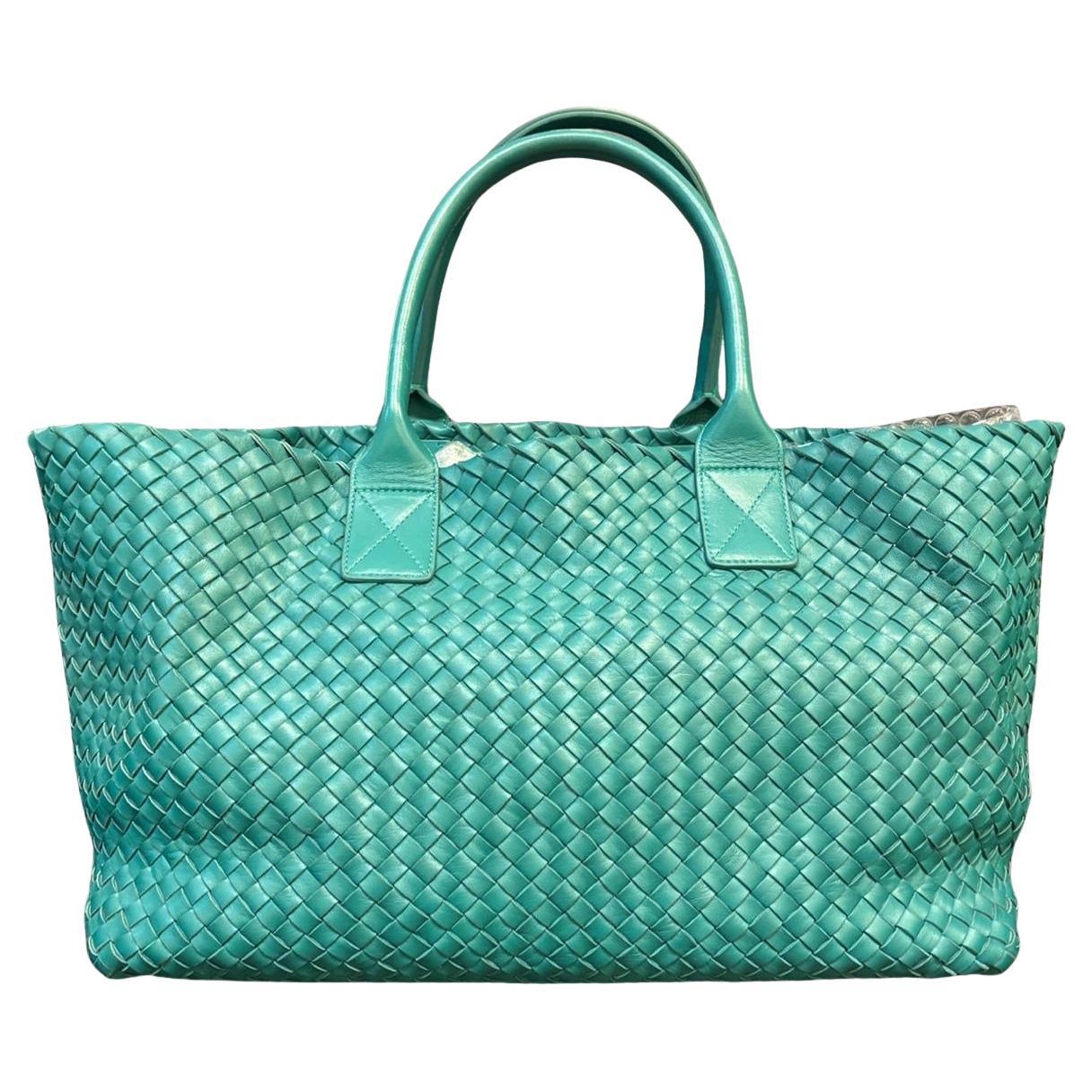 Bottega Veneta Turquoise Large Woven Cabat Tote