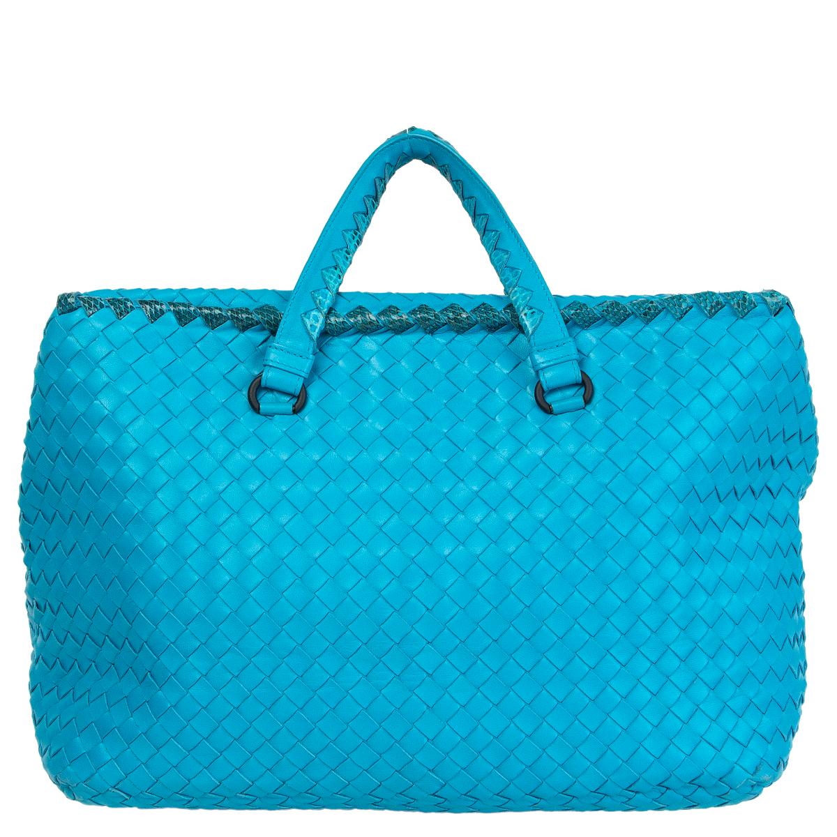 Blue BOTTEGA VENETA turquoise leather & Karung Intrecciato Tote Bag