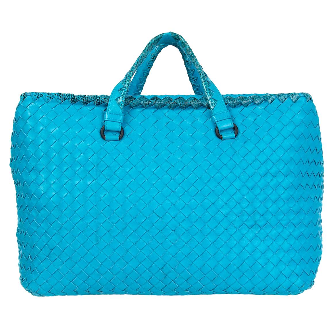 BOTTEGA VENETA turquoise leather & Karung Intrecciato Tote Bag