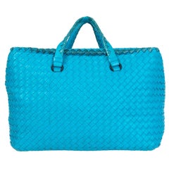 BOTTEGA VENETA turquoise leather & Karung Intrecciato Tote Bag