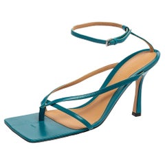 Bottega Veneta Turquoise Leather Square-Toe Thong Ankle-Strap Sandals Size 39
