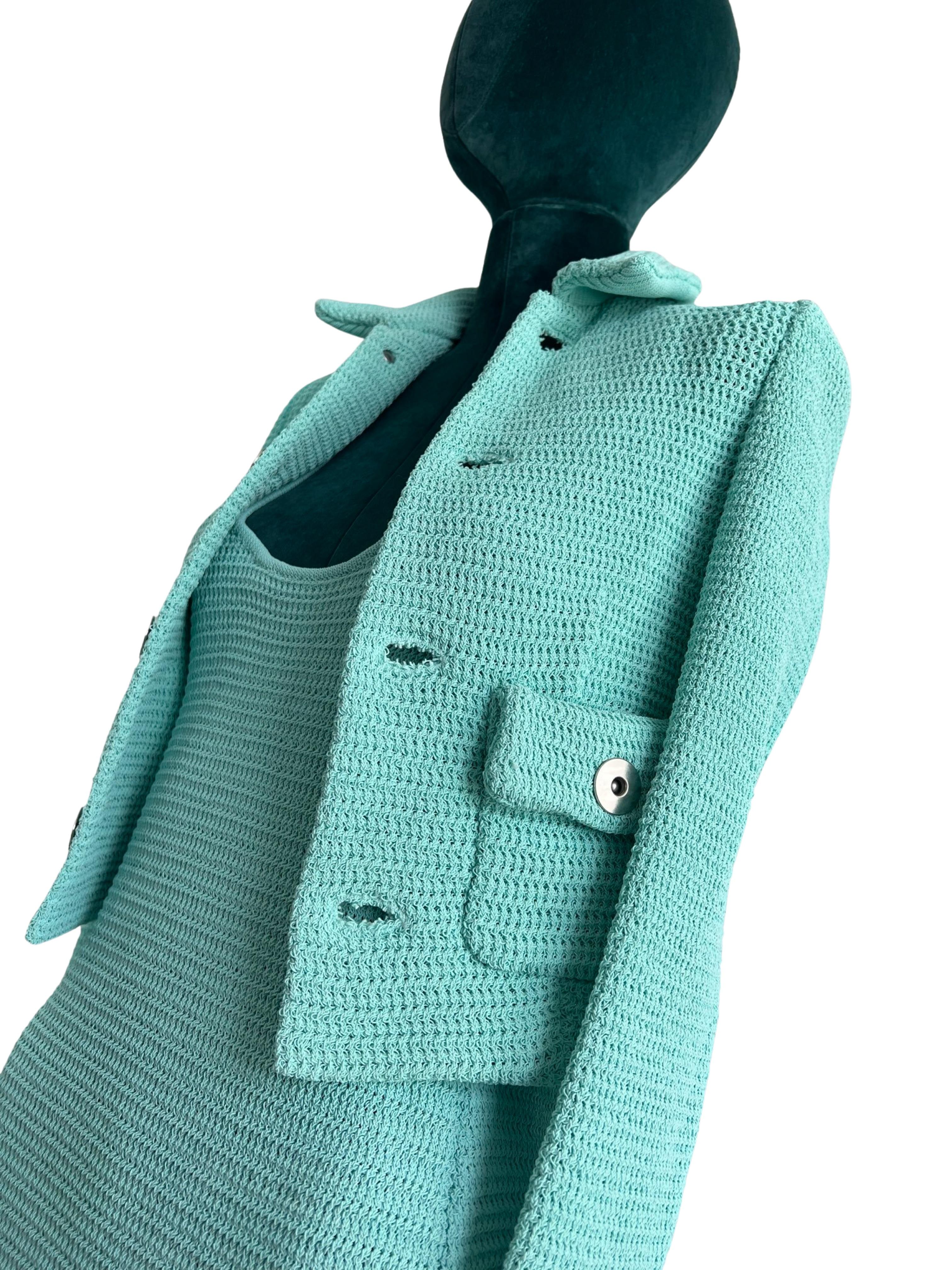 Bottega Veneta - Turquoise  Robe et veste en maille côtelée superposée, taille S  en vente 4