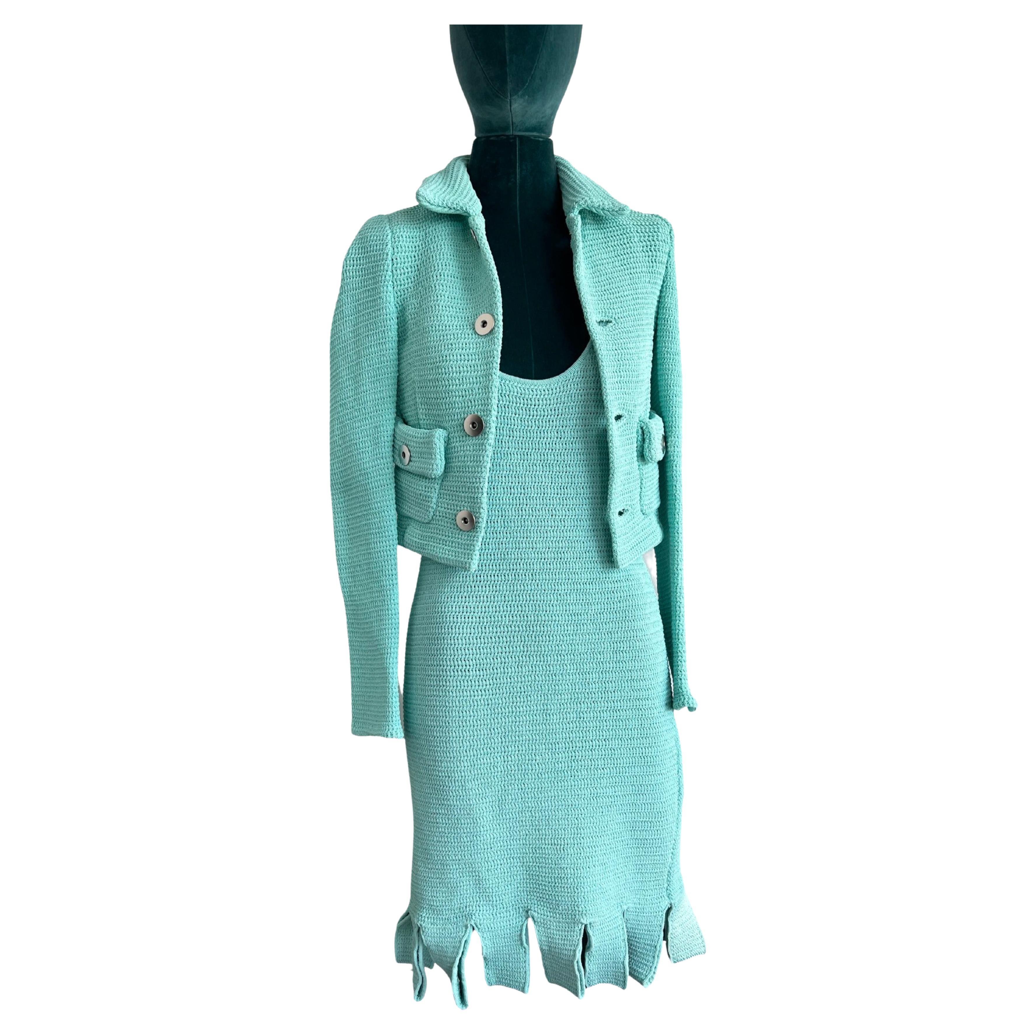 Bottega Veneta - Turquoise  Robe et veste en maille côtelée superposée, taille S  en vente