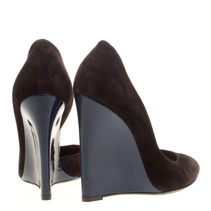 Women's Bottega Veneta Two Tone Suede and Patent Leather Cut Out Wedge Pumps Size 38.5