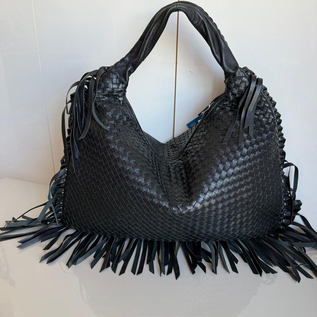 Bottega Veneta Veneta Fringed Hobo Large Black 50-53cm Lambskin Leather
 These are professional photos of the actual bag.
 This Bottega Veneta Veneta Bag is an exceptional piece of luxury, crafted from iconic lambskin leather with the instantly