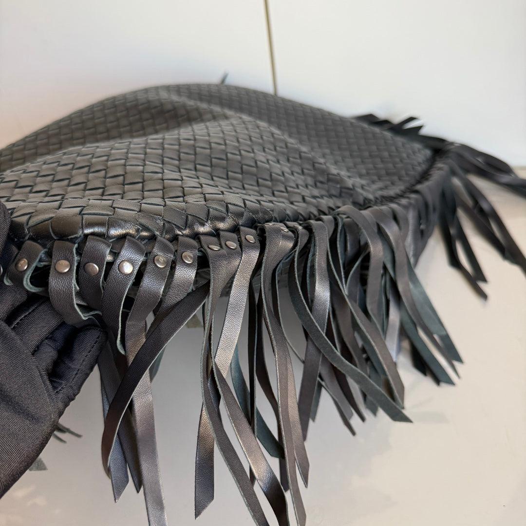 Bottega Veneta Veneta Fringed Hobo Large Black 50-53cm Lambskin Leather For Sale 2