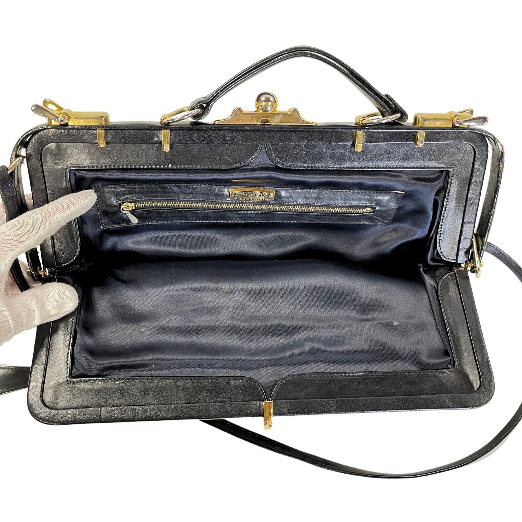 Bottega Veneta Vintage Black Leather Hard Frame Doctor Top Handle Bag For Sale 3