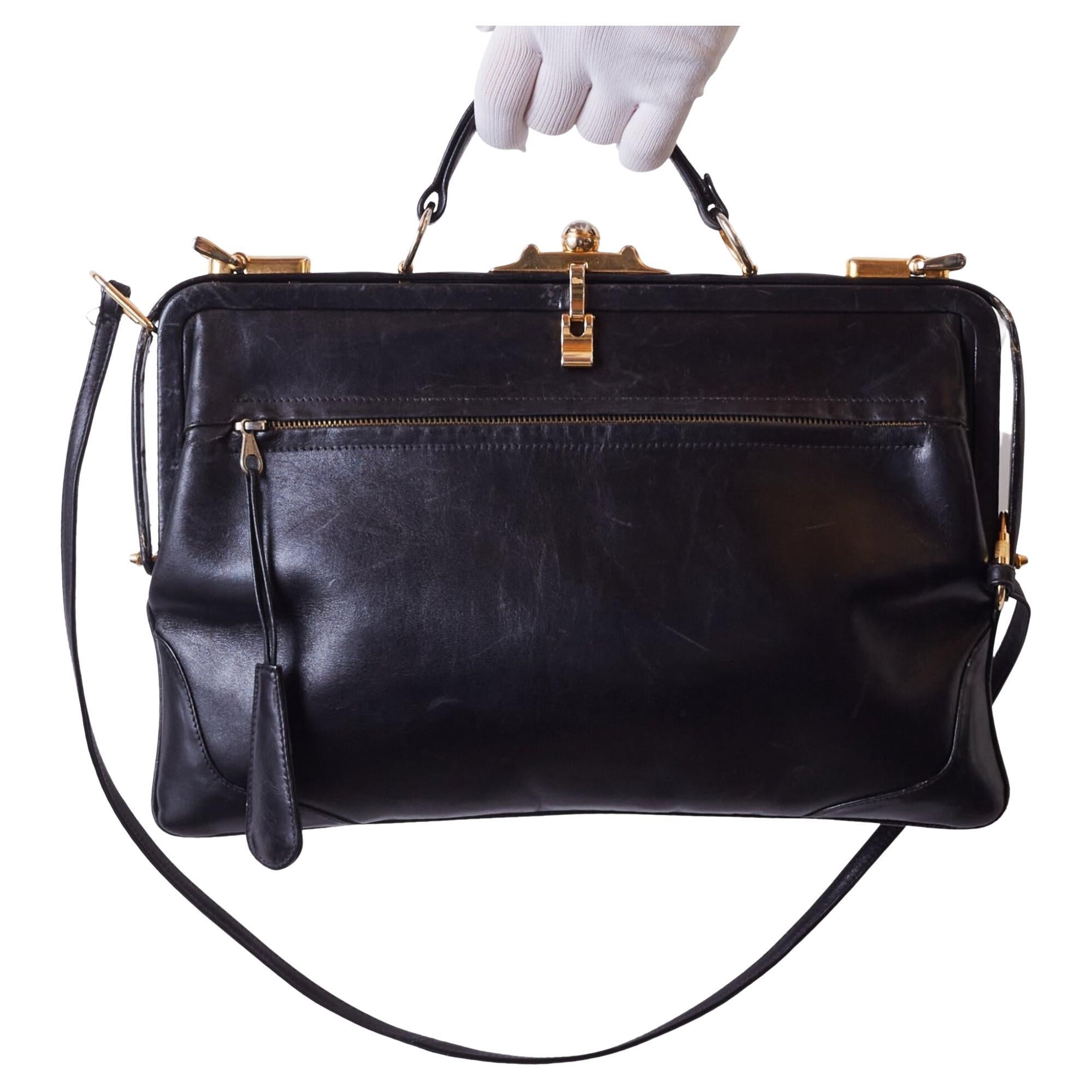 Bottega Veneta Vintage Black Leather Hard Frame Doctor Top Handle Bag For Sale