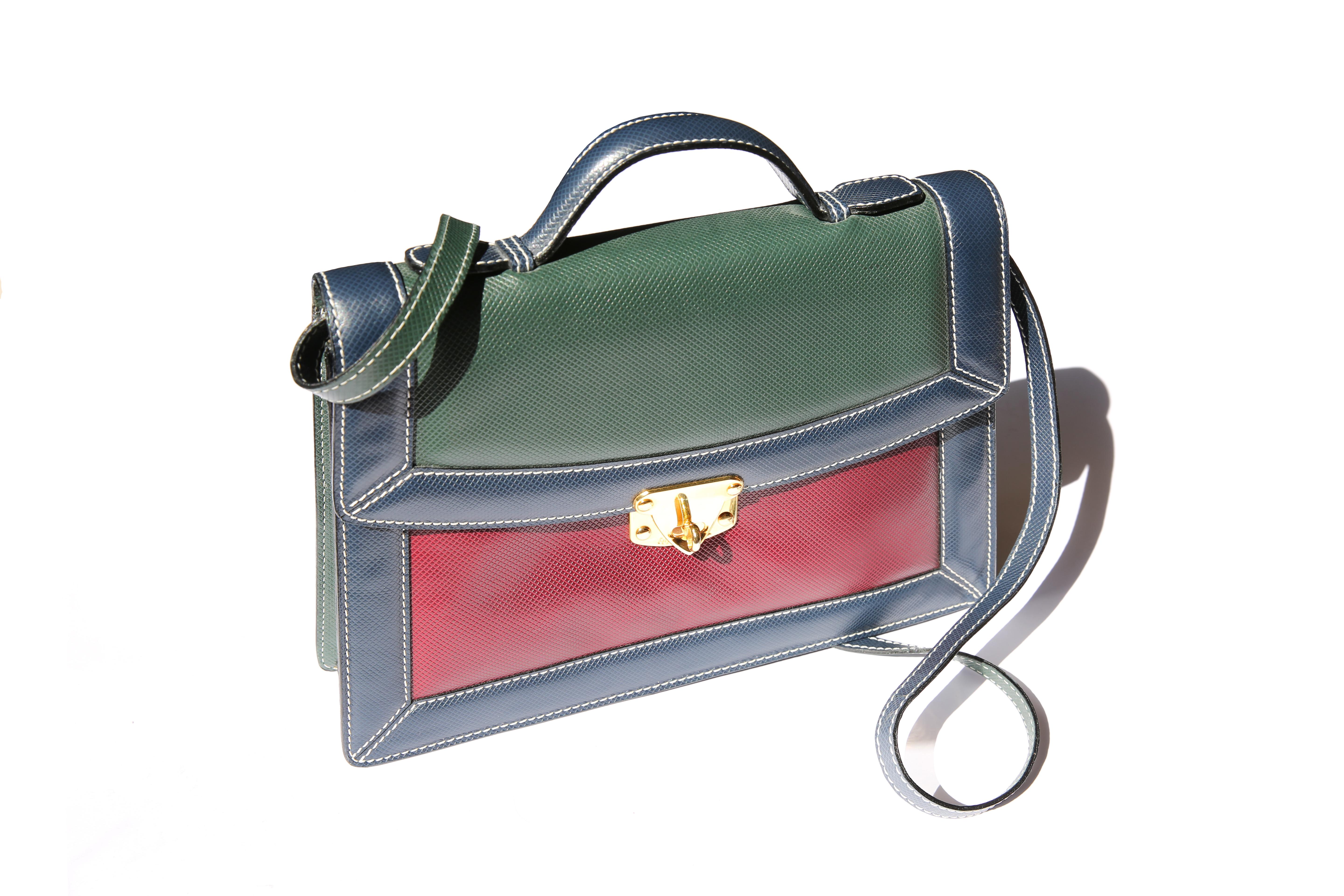 Bottega Veneta vintage color block top handle embossed trapezoidal satchel bag 2