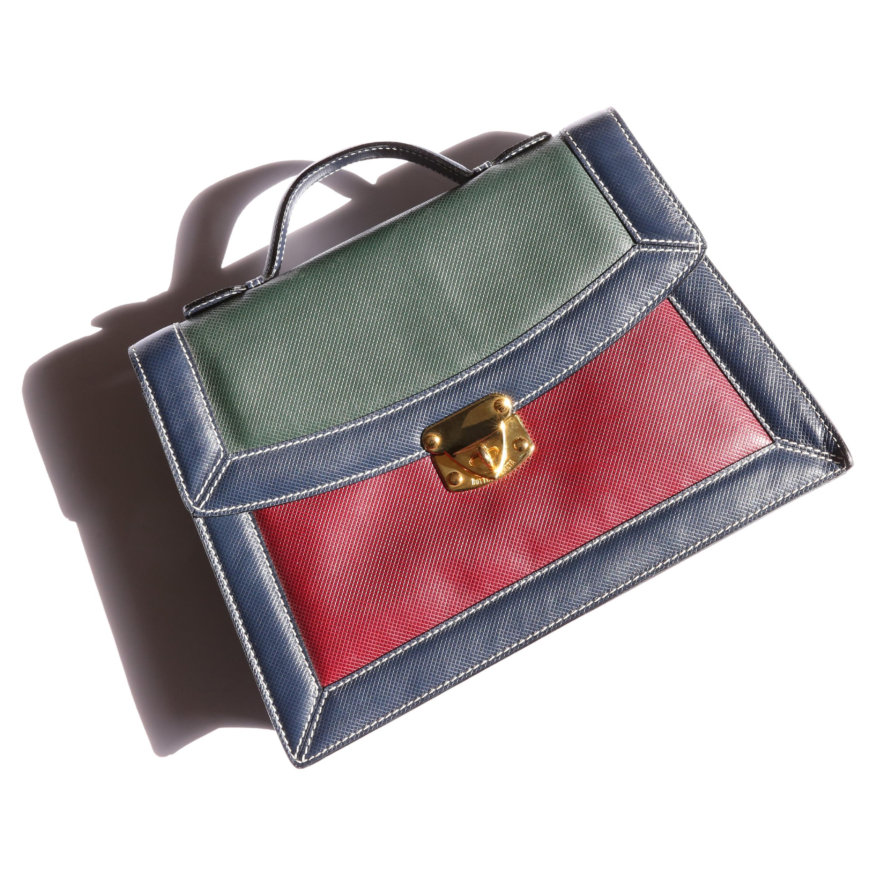 Bottega Veneta vintage color block top handle embossed trapezoidal satchel bag