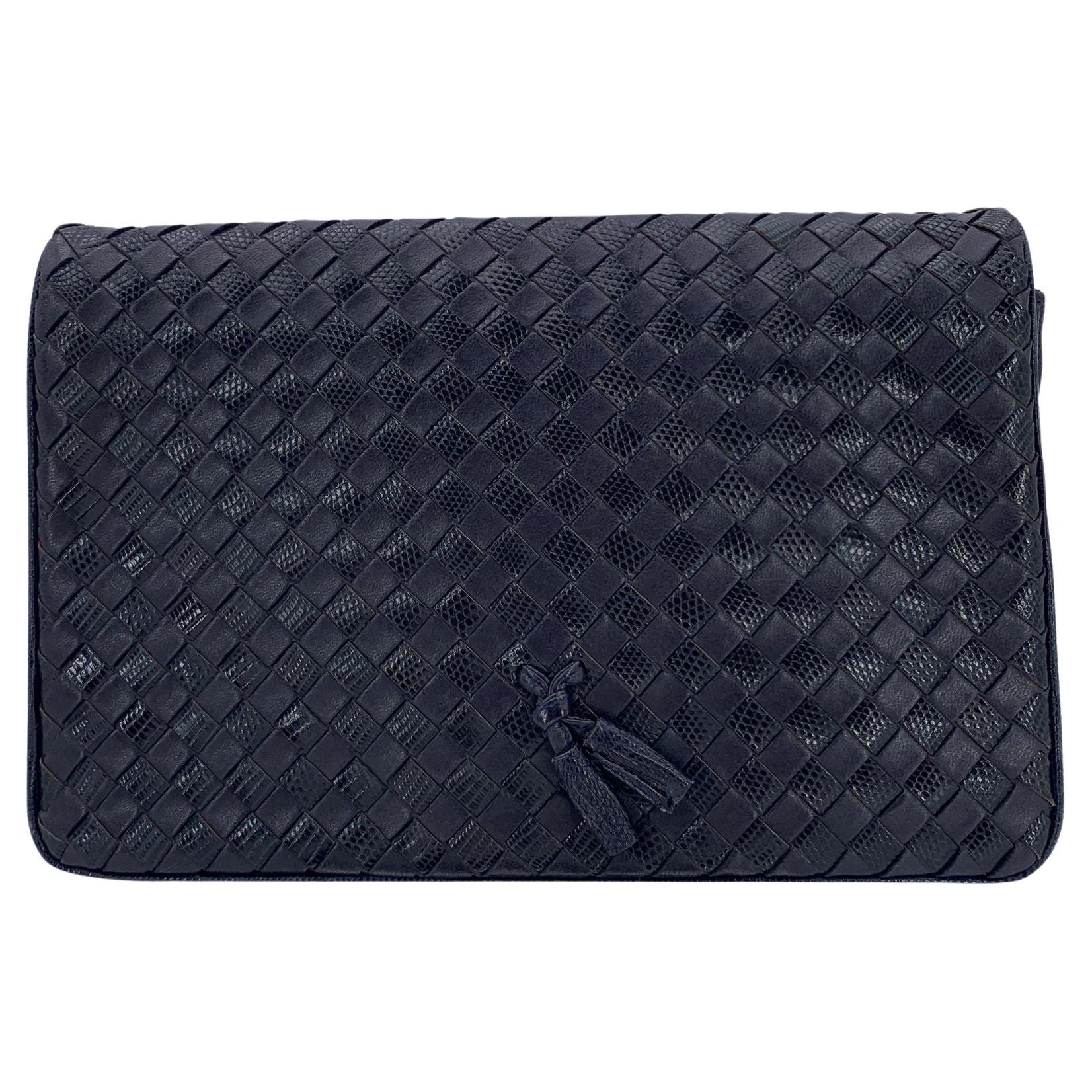 Bottega Veneta Vintage Navy Blue Intrecciato Woven Leather Clutch Bag For Sale