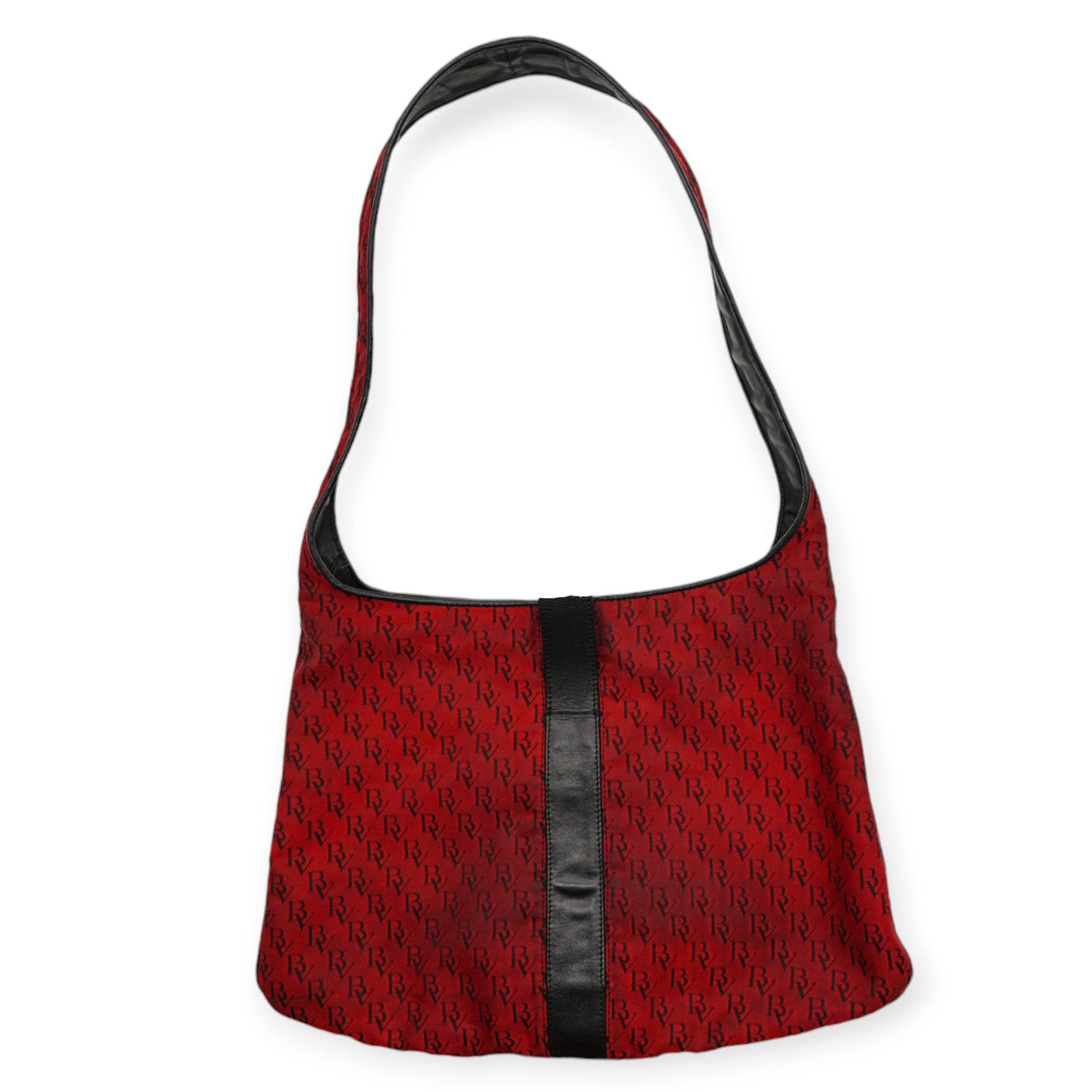 This red Bottega Veneta shoulder bag features a black BV logo pattern covering the entire bag, along with a drawstring strap closure design for added style and convenience. 
 Remarks: Lots of stains on the bag, the strap has fold signs.
