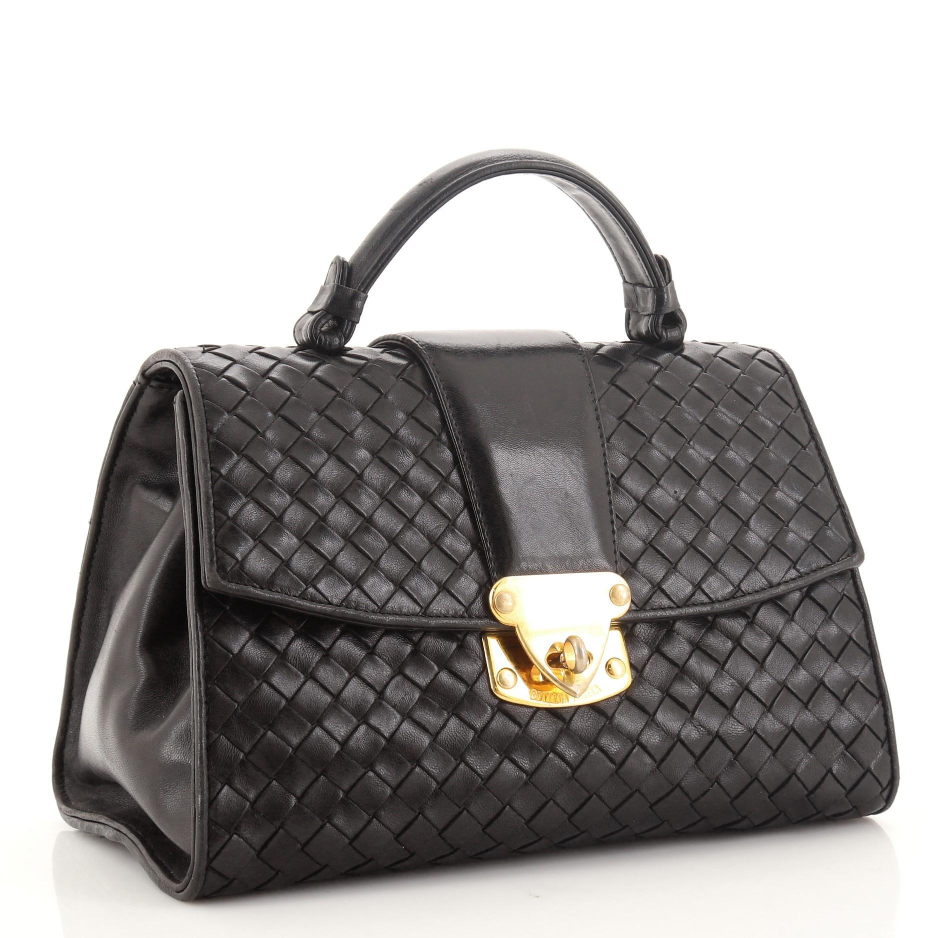 Vintage Turnlock Top Handle Tasche Intrecciato aus Leder von Bottega Veneta (Schwarz)