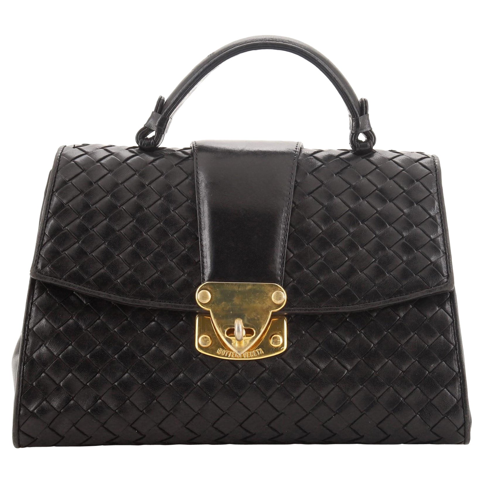 Bottega Veneta Vintage Turnlock Top Handle Bag Intrecciato Leather