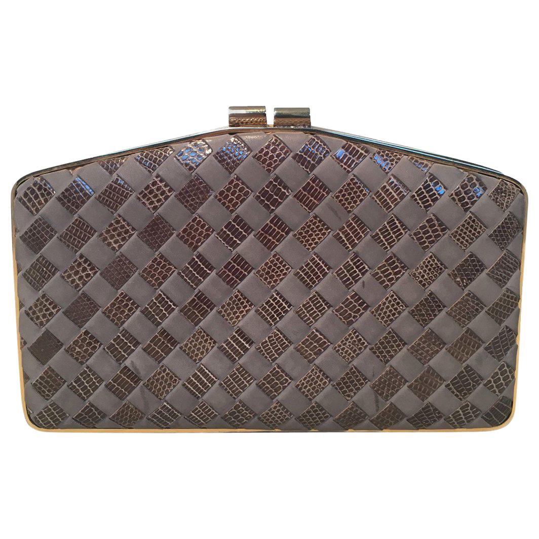 Bottega Veneta Vintage Woven Grey Lizard and Leather Clutch 