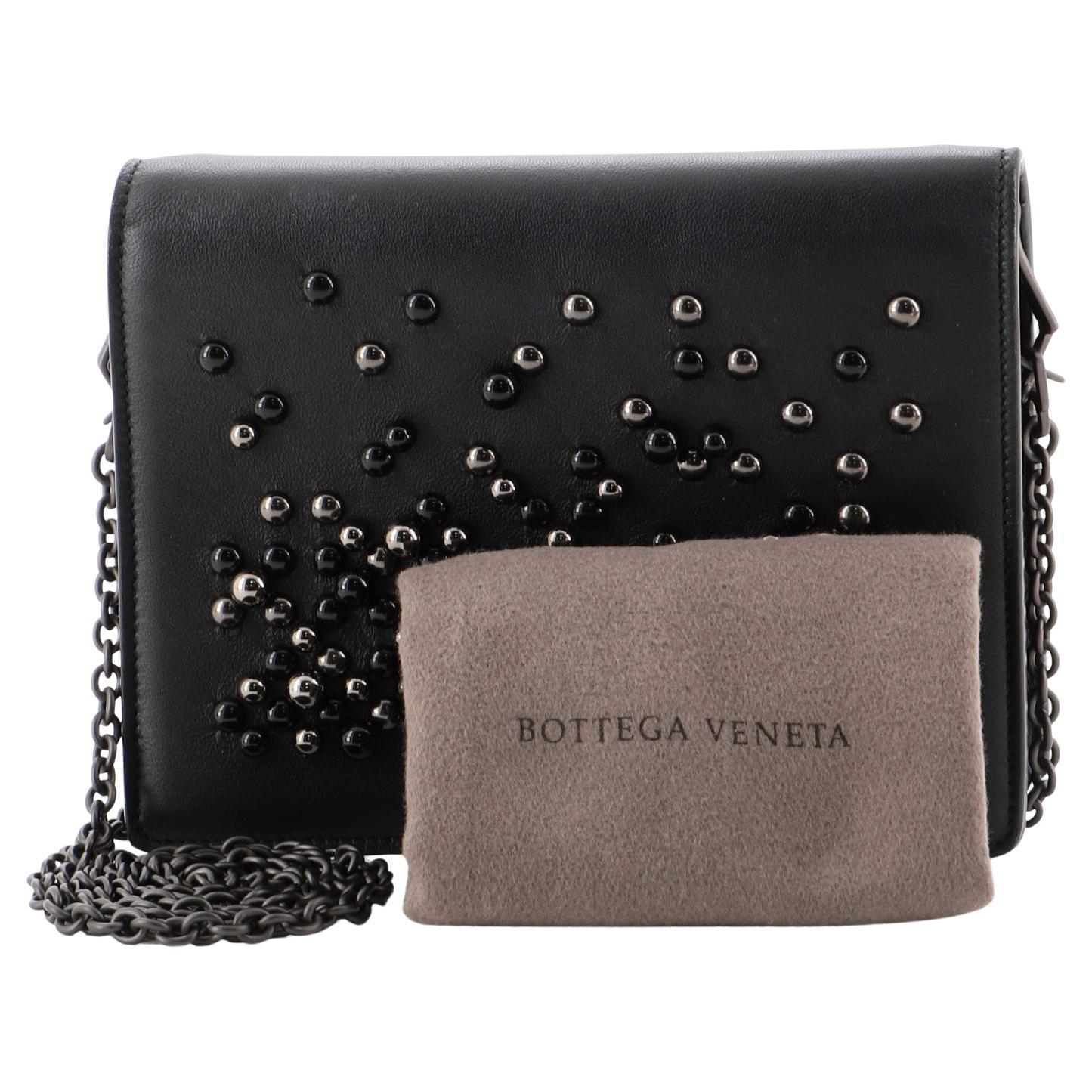 Bottega Veneta Wallet on Chain Pearl Embellished Leather Black For Sale