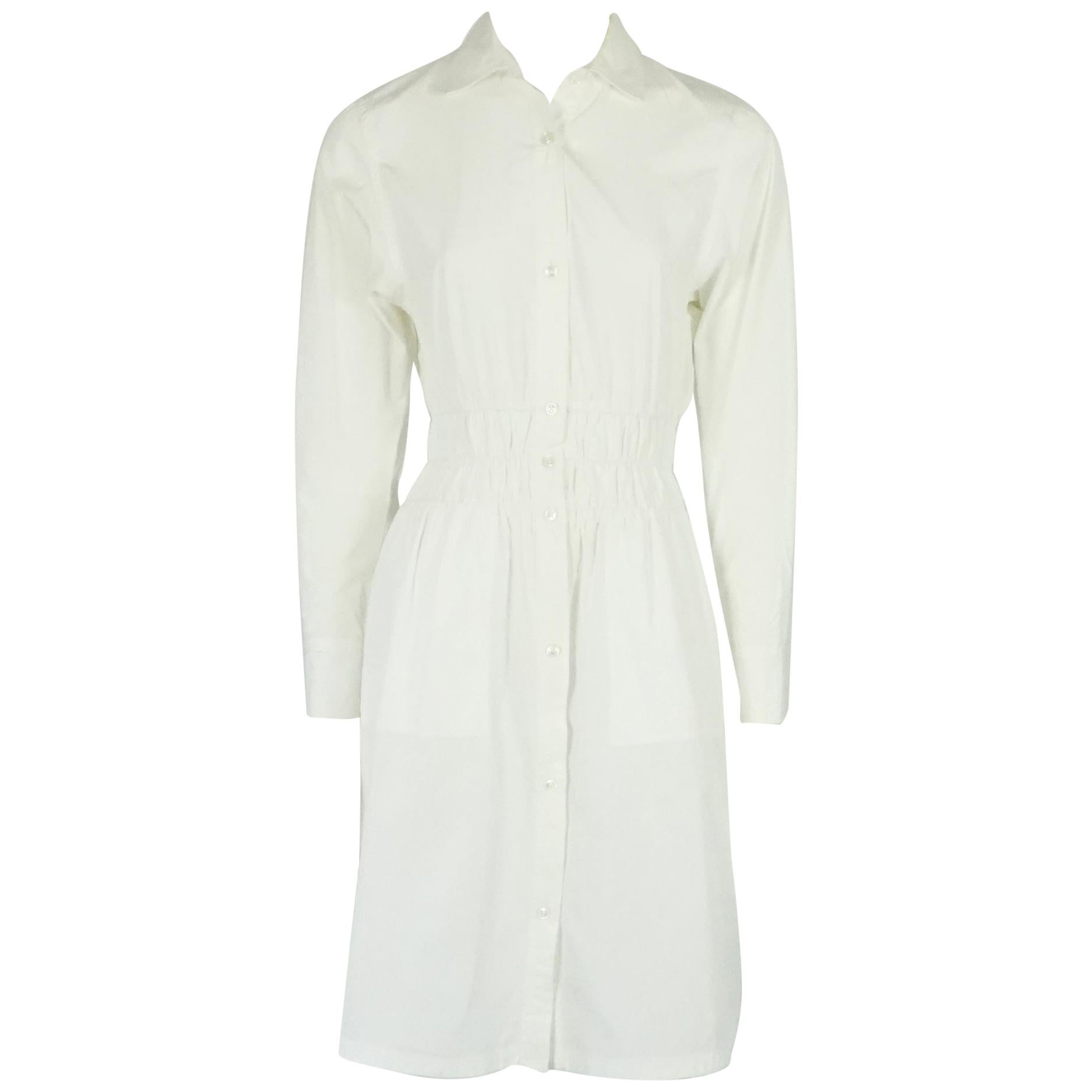 Bottega Veneta White Cotton Long Sleeve Dress with Cinched Waist - 40