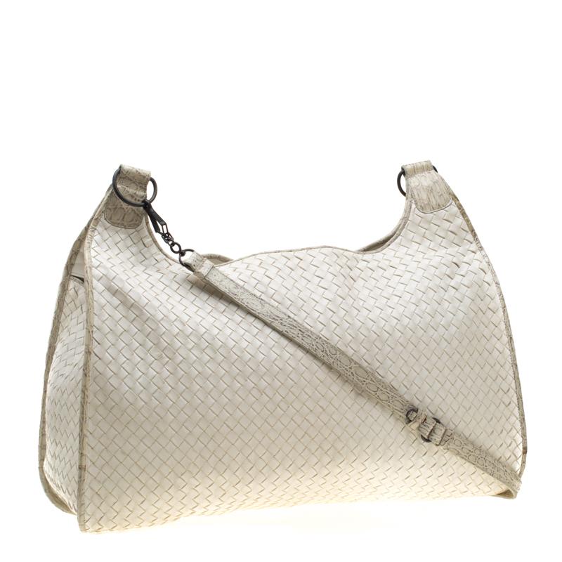 Bottega Veneta White Intrecciato Leather and Croc Trim Hobo 4