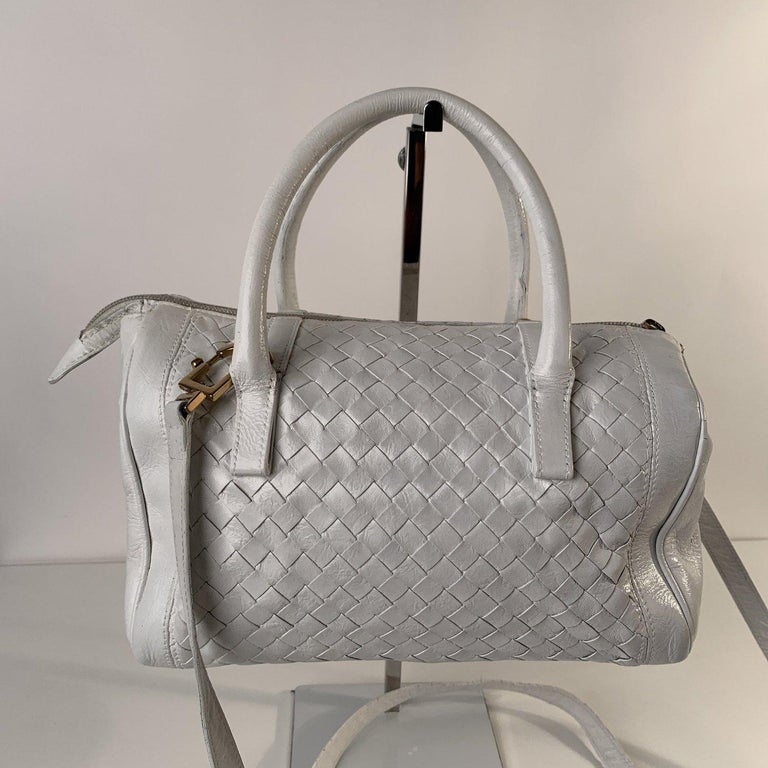 Bottega Veneta White Intrecciato Leather Woven Boston Bag with Strap ...
