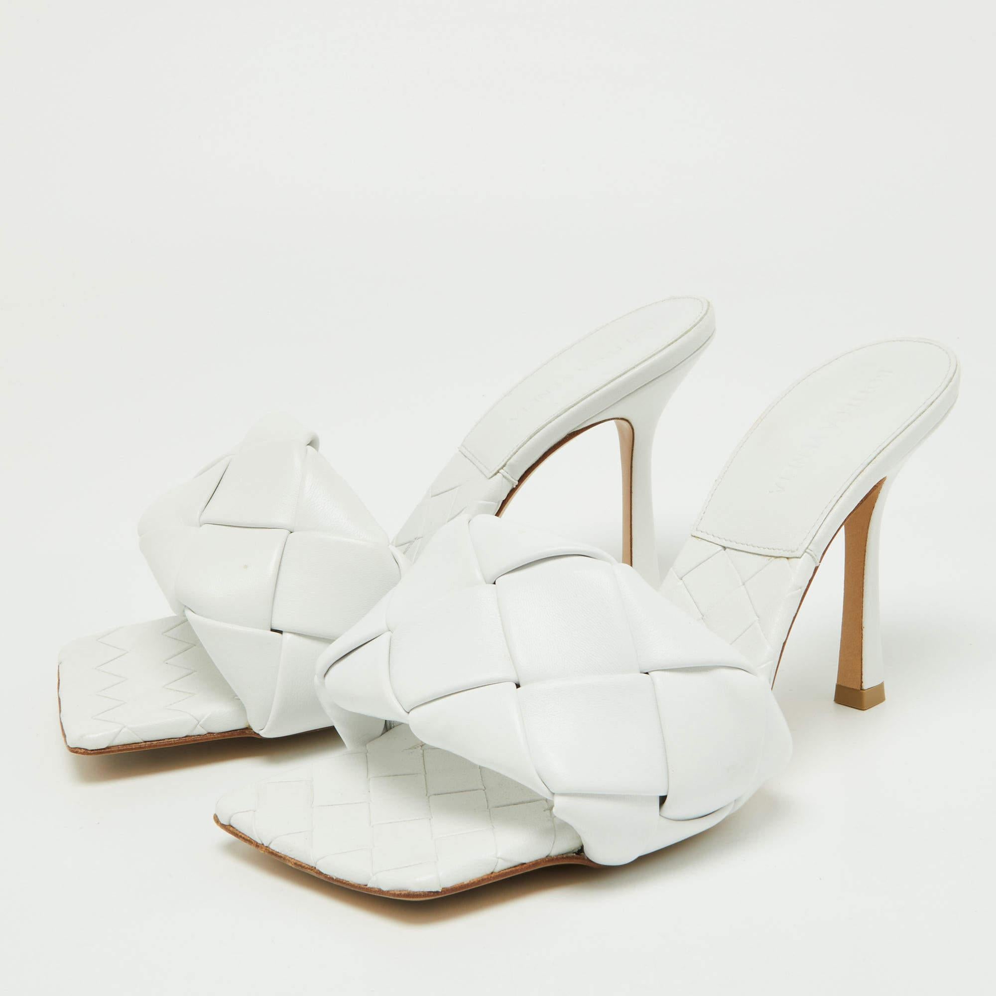 Bottega Veneta White Leather Intrecciato Lido Slide Sandals Size 37.5 3