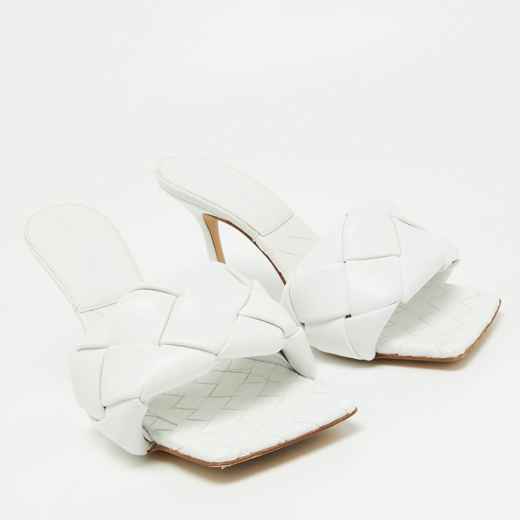 Bottega Veneta White Leather Intrecciato Lido Slide Sandals Size 37.5 4