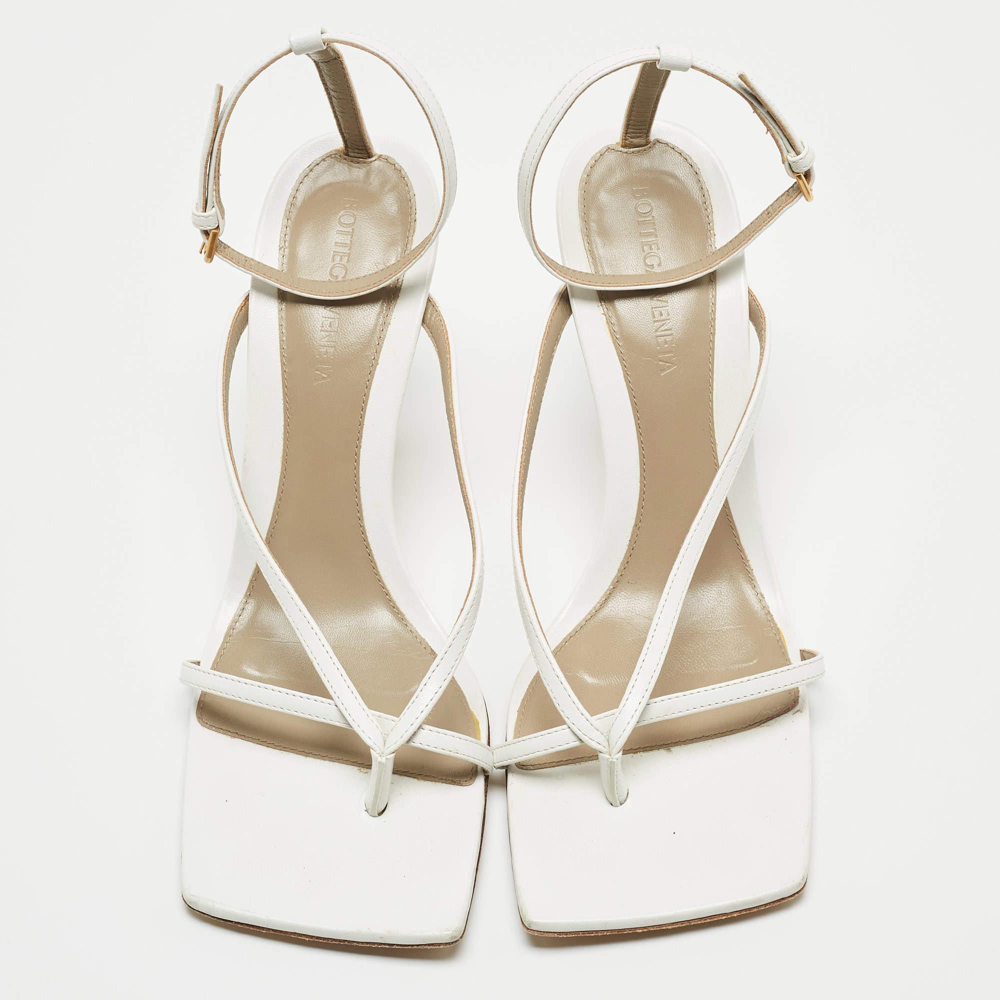 Gray Bottega Veneta White Leather Stretch Ankle Strap Sandals