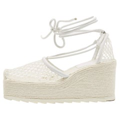 Bottega Veneta White Mesh and Leather Wedge Espadrilles Size 38