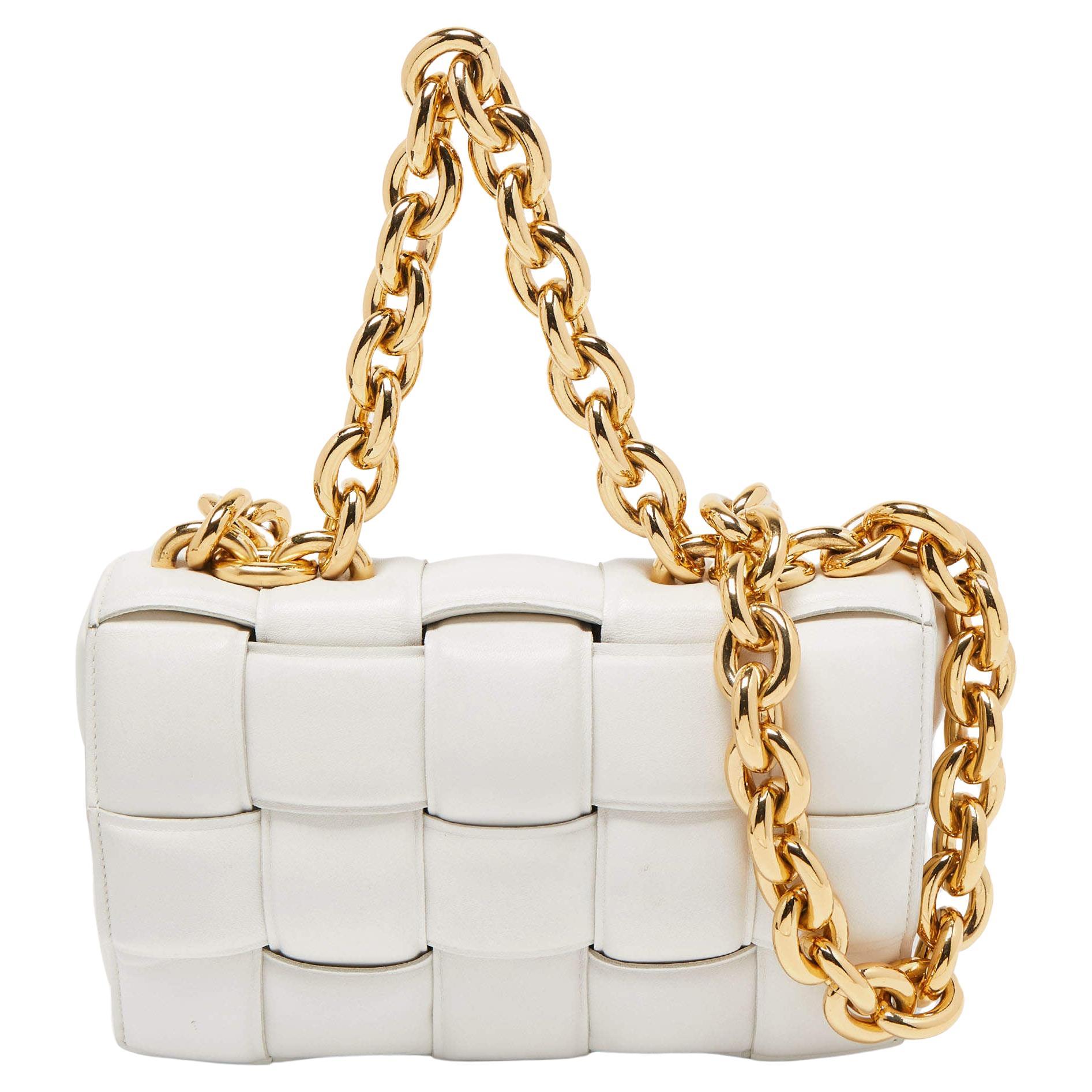 Bottega Veneta White Padded Leather Chain Cassette Shoulder Bag For Sale