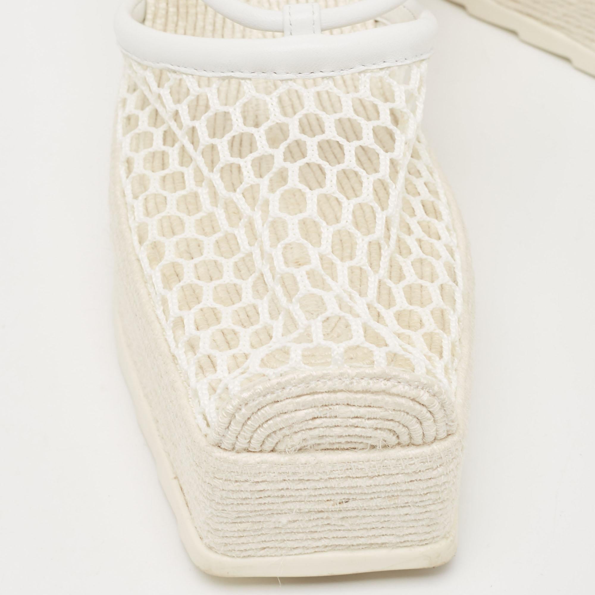 Bottega Veneta White Woven Mesh and Leather Espadrille Wedge Ankle Wrap Sandals  3