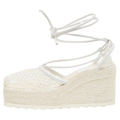 Bottega Veneta White Woven Mesh and Leather Espadrille Wedge Ankle Wrap Sandals 