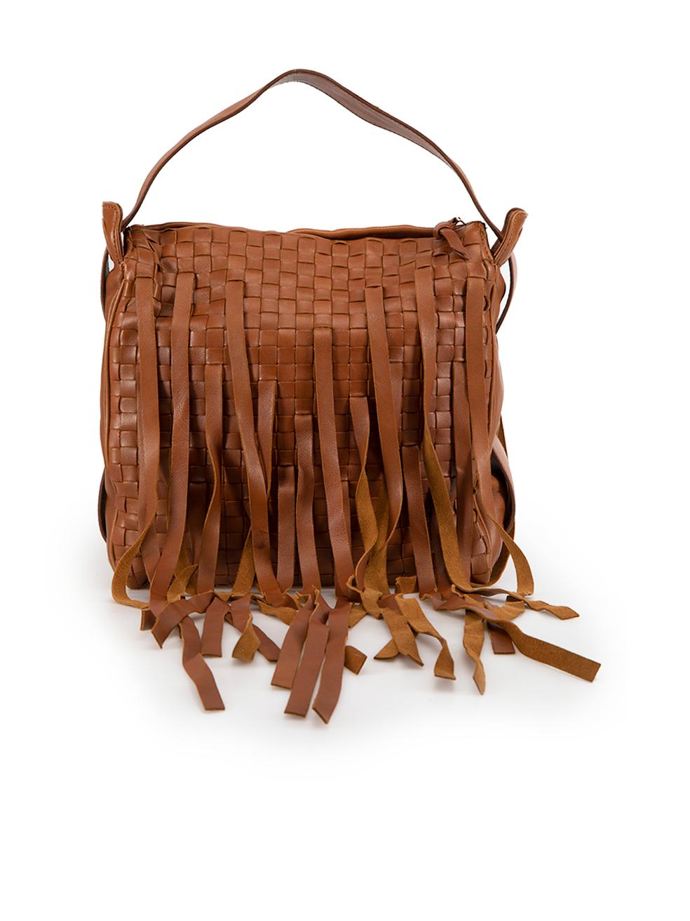 Bottega Veneta Women's Brown Leather Fringe Intrecciato Top Handle Bag In Good Condition In London, GB