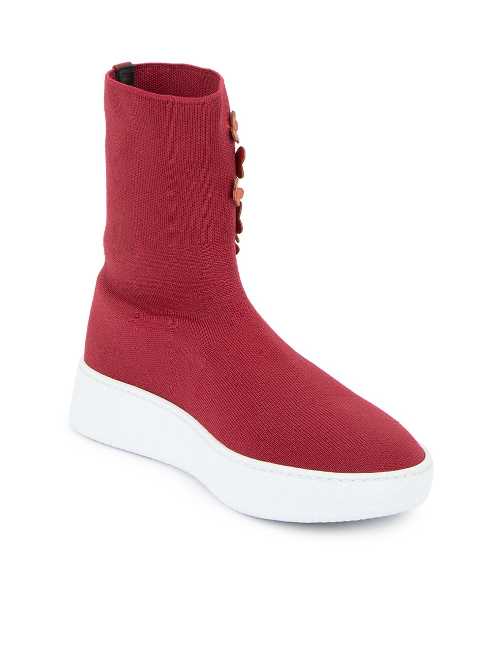 CONDITION is Never Worn. No visible wear to boots is evident on this used Bottega Veneta designer resale item. This item comes with original shoebox and dust bag.  Details  Burgundy Cloth textile High top trainers Round toe Flatform white rubber