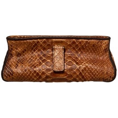 Bottega Veneta Women's Tan Snakeskin Clutch with Blue Suede Interior