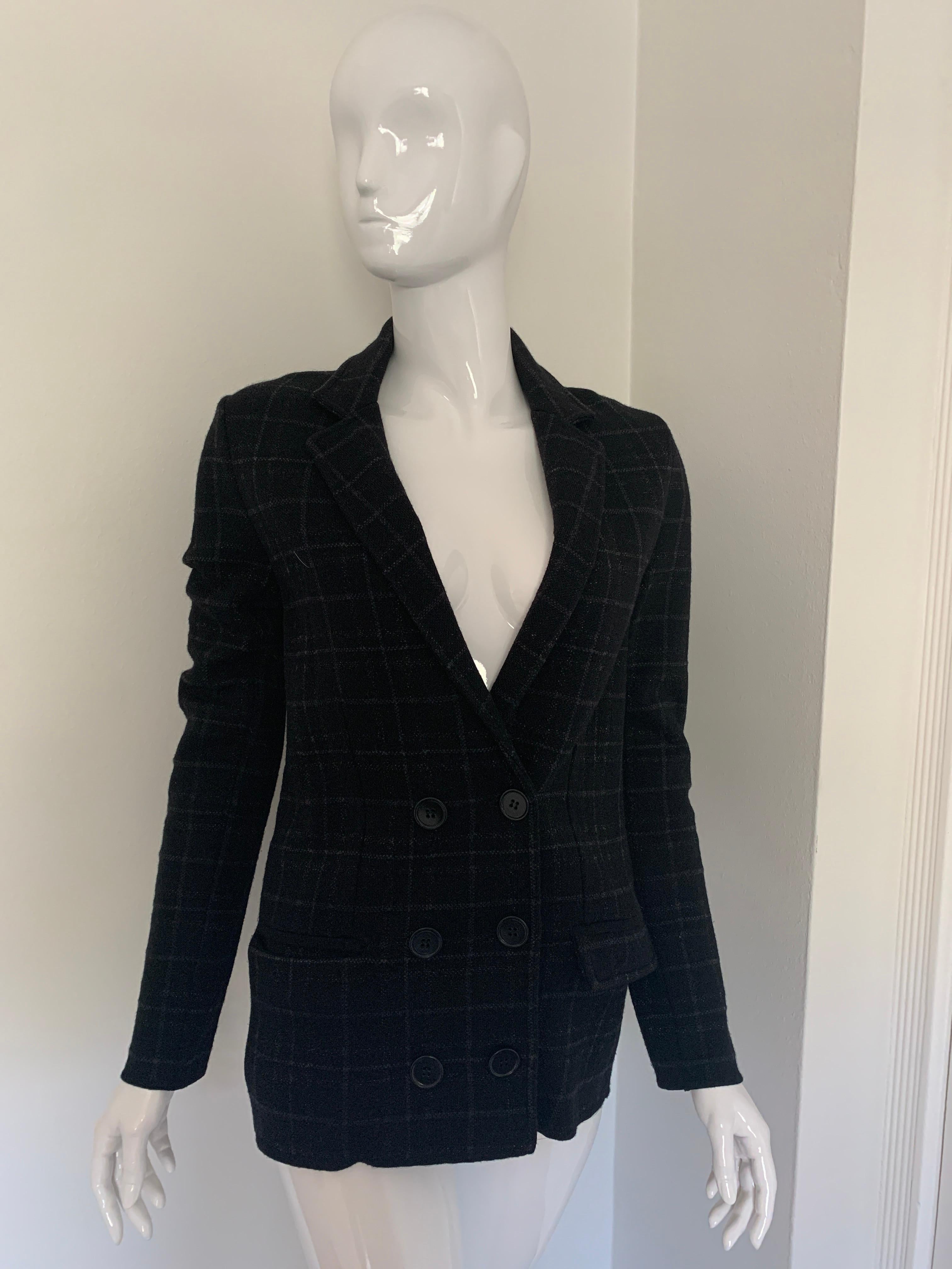 Beautiful, classic Bottega Veneta Double-Breasted Blazer. 
Black/ Charcoal with white striping. 
Deep V Neck - 6 Buttons 
Hits Mid-Thigh 
Size 40 
Made in Italy
Excellent Condition 

Retails for over $1500 