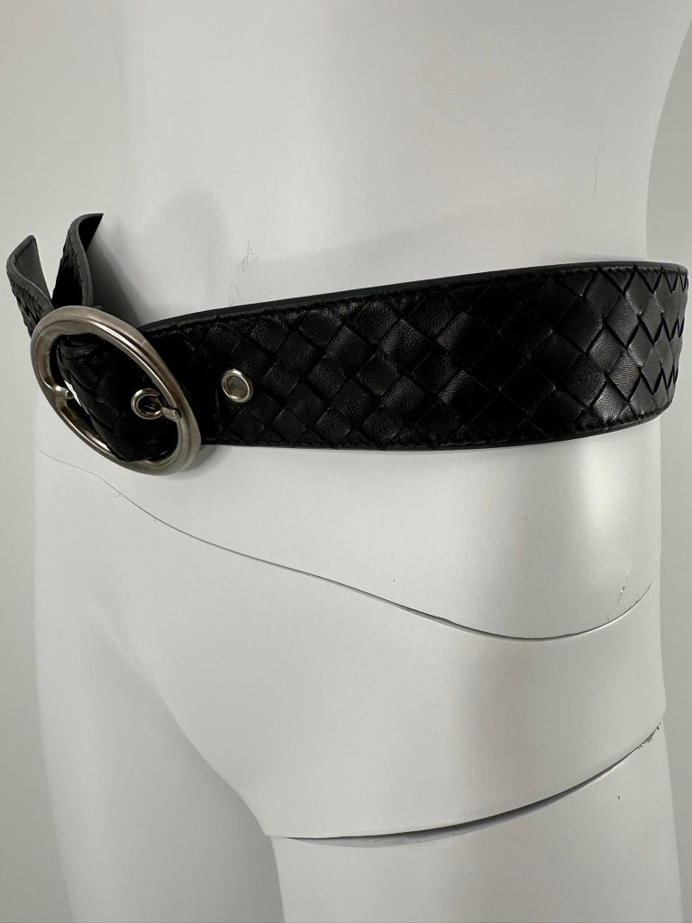 Bottega Veneta Woven Matte Black Leather Belt with a Silver  display picture 2