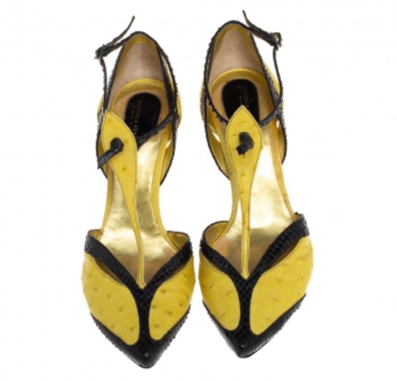 Brown Bottega Veneta Yellow/Black  Ostrich And Python Ankle Strap Pumps Size 39 For Sale
