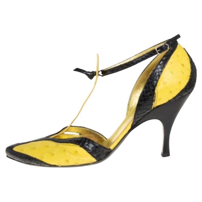 Bottega Veneta Yellow/Black  Ostrich And Python Ankle Strap Pumps Size 39 For Sale