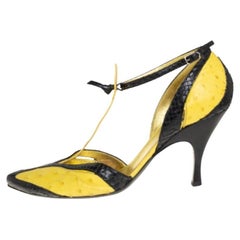 Bottega Veneta Yellow/Black  Ostrich And Python Ankle Strap Pumps Size 39