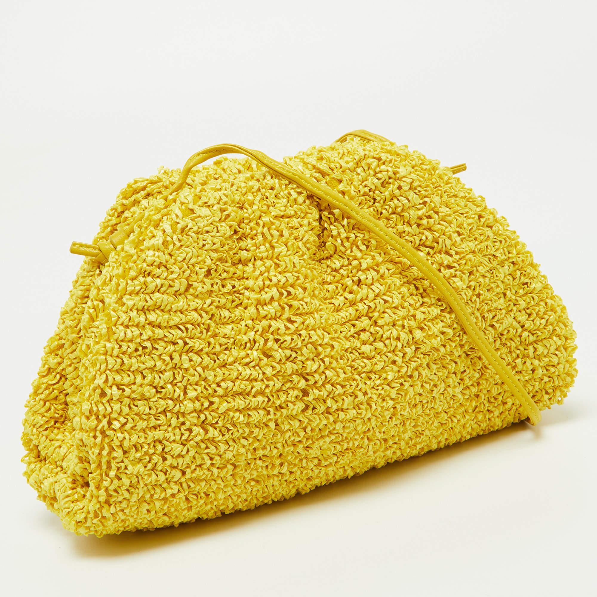 Bottega Veneta Yellow Curly Raffia and Leather Mini The Pouch Bag For Sale 5