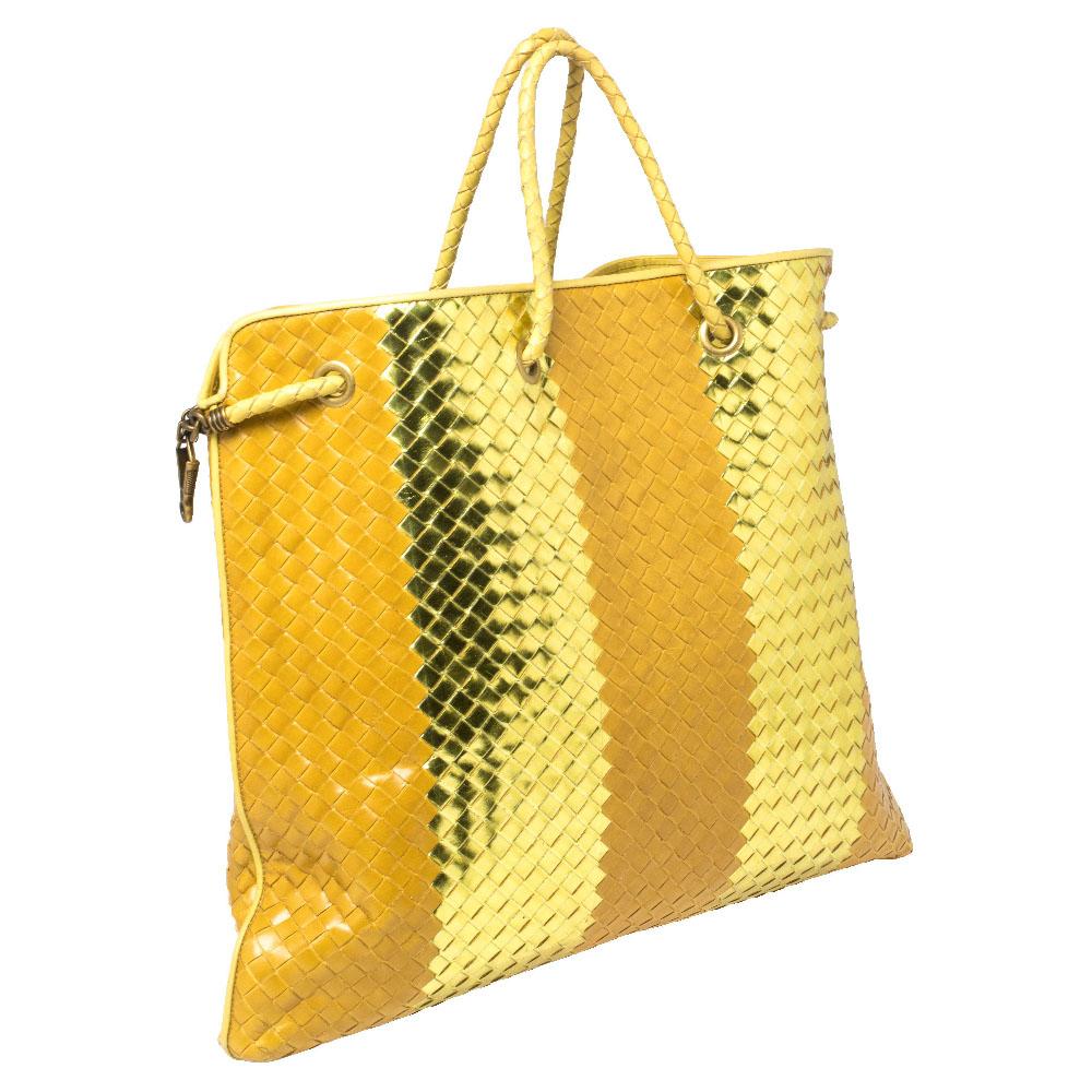 Women's Bottega Veneta Yellow/Gold Liquid Stripe Intrecciato Leather Oversized Tote