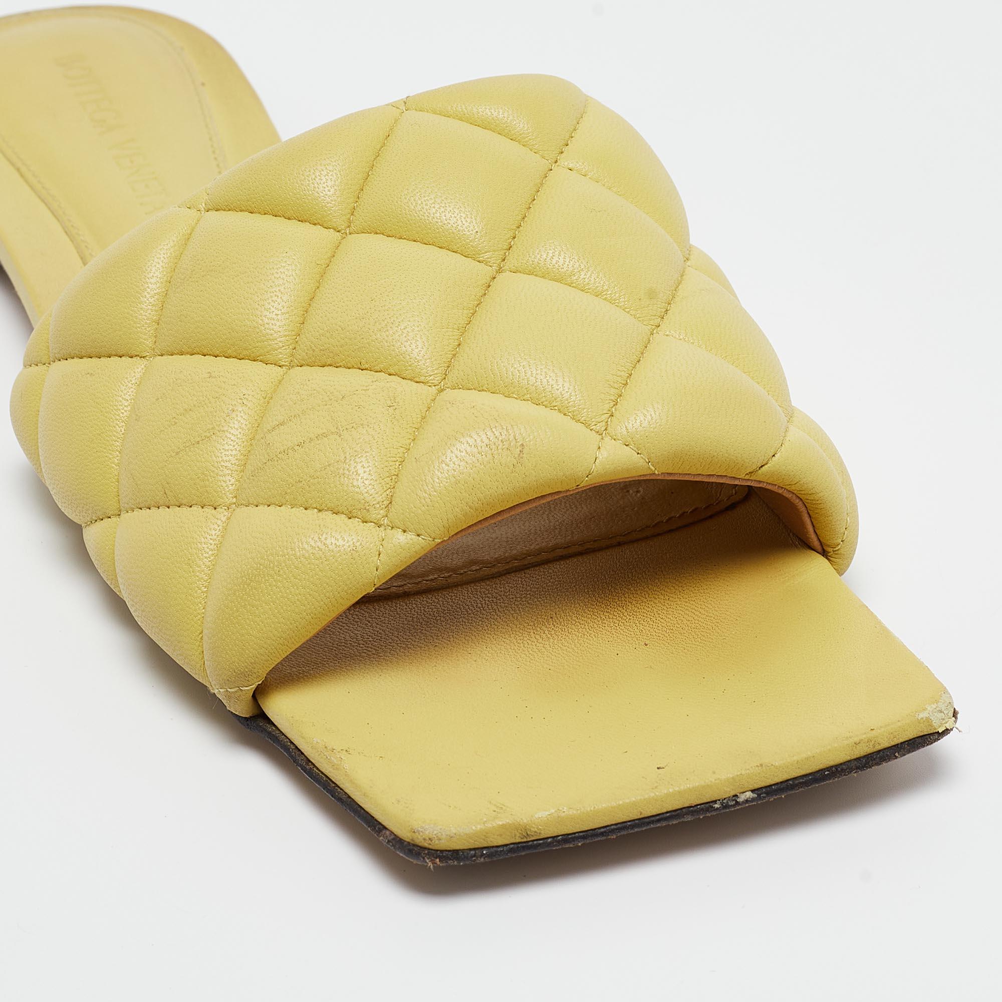 Bottega Veneta Yellow Quilted Leather Flat Slides Size 37 2