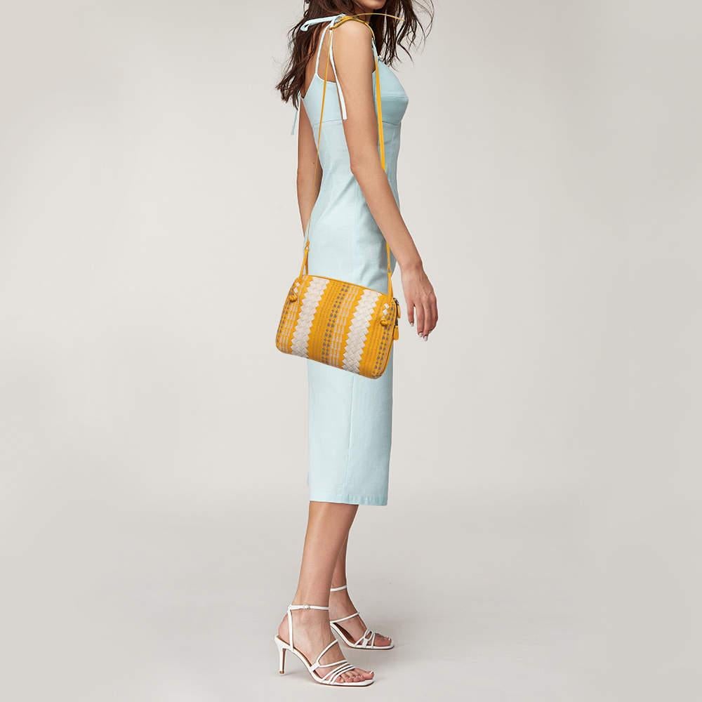 Bottega Veneta Yellow/White Intrecciato Leather Embroidered Nodini Shoulder Bag In Good Condition In Dubai, Al Qouz 2