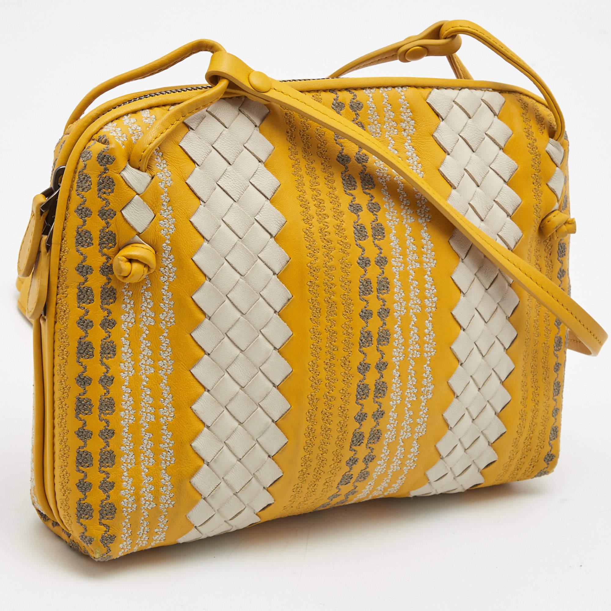 Women's Bottega Veneta Yellow/White Intrecciato Leather Embroidered Nodini Shoulder Bag