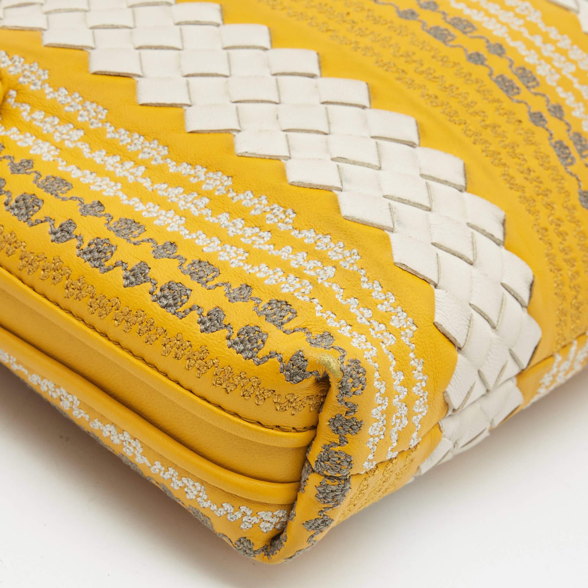 Bottega Veneta Yellow/White Intrecciato Leather Embroidered Nodini Shoulder Bag 2